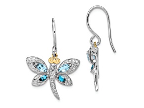 Rhodium Over Sterling Silver with 14K Yellow Gold London Blue Topaz and Diamond Dragonfly Earrings