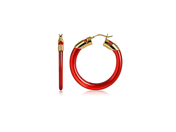 14K Gold Over Brass 1.5 inch Acrylic Classic Flat Hoop Earrings in Red