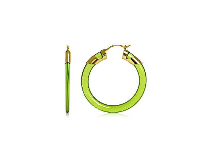 14K Gold Over Brass 1.5 inch Acrylic Classic Flat Hoop Earrings in Bright Green
