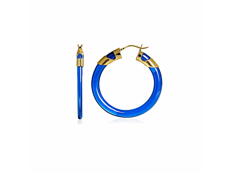 14K Gold Over Brass 1.5 inch Acrylic Classic Flat Hoop Earrings in Blue
