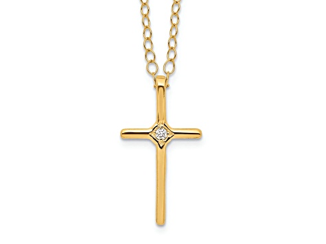 14k Yellow Gold Children's Natural Round Diamond Cross Pendant With 15 Inch Cable Chain