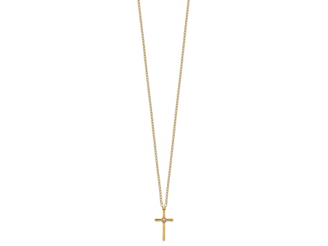 14k Yellow Gold Children's Natural Round Diamond Cross Pendant With 15 Inch Cable Chain