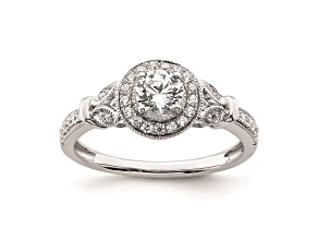 Rhodium Over 14K White Gold Vintage Round Halo Diamond Engagement Ring 0.60ctw
