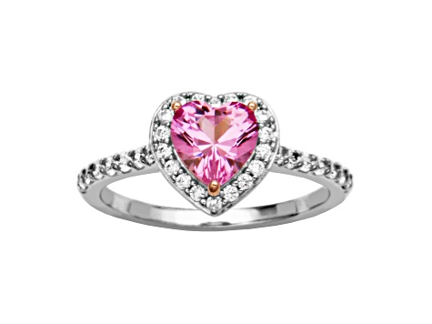 Lab Created Pink Sapphire And White Cubic Zirconia Rhodium Over Sterling Silver Heart Ring 1.50ctw