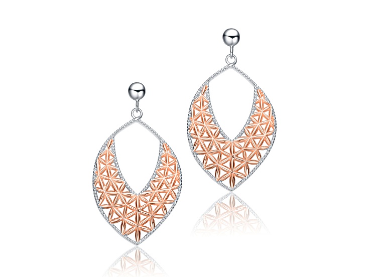 Two-Tone Rhodium Plated & 18k Rose Gold Plated over Sterling Silver Teardrop Dangling Earrings