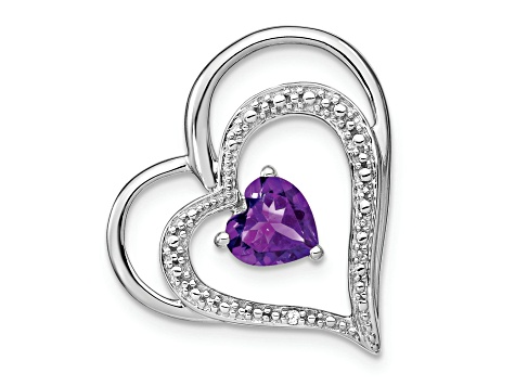 Rhodium Over 14k White Gold Amethyst and Diamond Heart Chain Slide Pendant