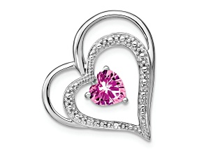 Rhodium Over 14k White Gold Created Pink Sapphire and Diamond Heart Chain Slide Pendant