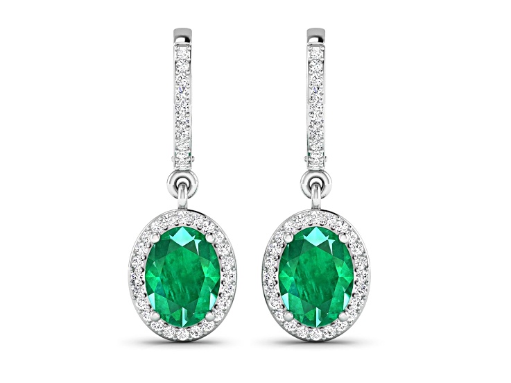 2.0ctw 14K White Gold Zambian Green Emerald and White Diamond Halo Earrings