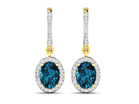 2.20ctw 14K Yellow Gold London Blue Topaz  and White Diamond Halo Earrings
