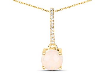 Picture of white Ethiopian Opal and White Diamond 10K Yellow Gold Necklace October Birthstone Necklace For Mom