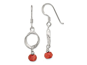 Sterling Silver Polished and Textured Circle Red Jadeite Dangle Earrings