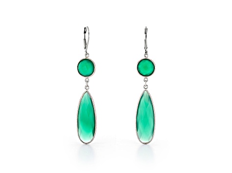 Green Pear and Round Onyx Sterling Silver Earrings