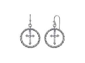 Symbols of Faith Silver Tone Suspended Cross Hoop Drop Earrings