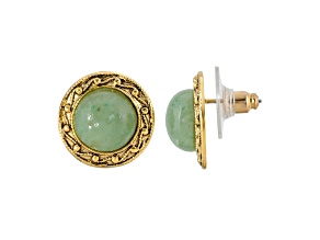 1928 Jewelry Gold Tone Round Adventurine  Button Earring