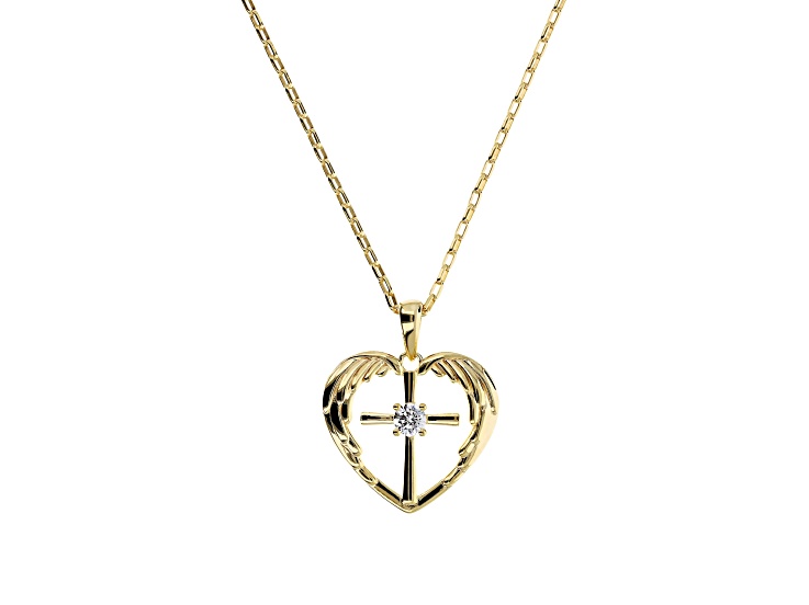 Cubic Zirconia, 14K Gold Over Silver Guardian Angel Heart Pendant w/ Chain Necklace, 0.25 carat