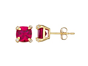 Square Cushion Lab Created Ruby 10K Yellow Gold Stud Earrings 2.04ctw