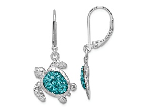 Rhodium Over Sterling Silver Polished Blue Crystal Turtle Dangle Earrings