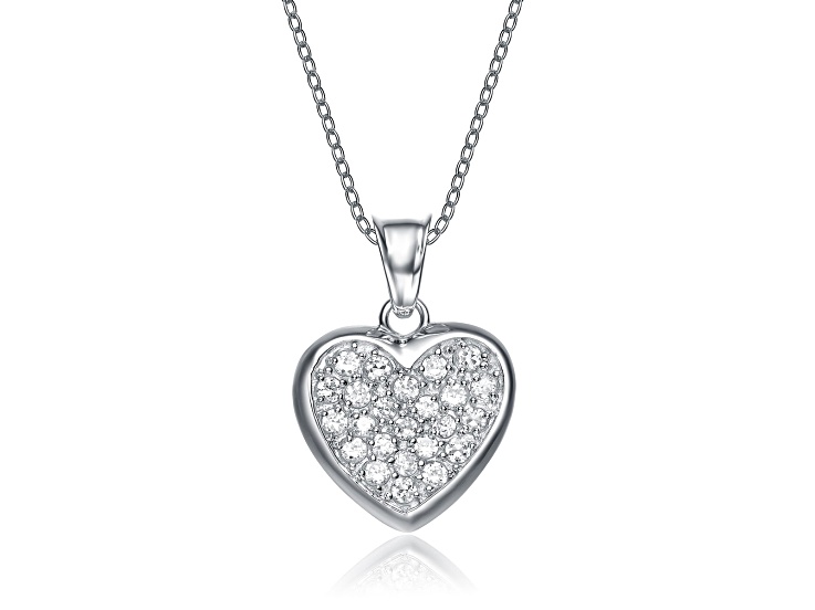 Clear Cubic Zirconia, Rhodium Plated over Sterling Silver Encrusted Heart Necklace