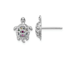 Rhodium Over Sterling Silver Multi-color Cubic Zirconia Turtle Post Earrings