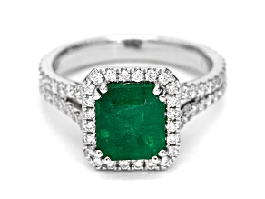 Emerald Step Cut Green Emerald and White Diamond 18K White Gold Ring. 3.08 CTW