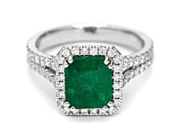 Picture of Emerald Step Cut Green Emerald and White Diamond 18K White Gold Ring. 3.08 CTW