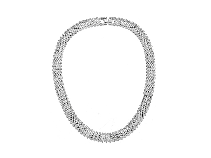 Clear Cubic Zirconia, Rhodium Plated over Brass Linear Pave Necklace