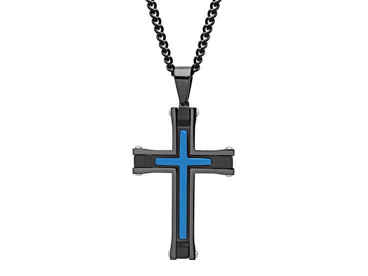 Black and Blue Ion-Plated Stainless Steel Cross Pendant With Chain
