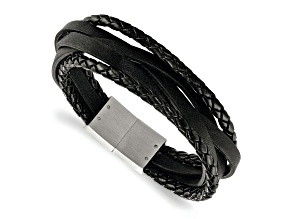 Black Leather and Stainless Steel Brushed Braided Multi-Strand 8.25-inch Bracelet