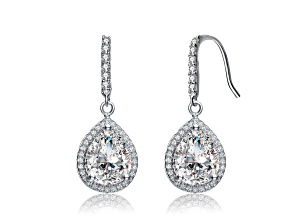 Clear Cubic Zirconia, Rhodium Plated over Brass Raindrop Pear Halo Dangle Earrings