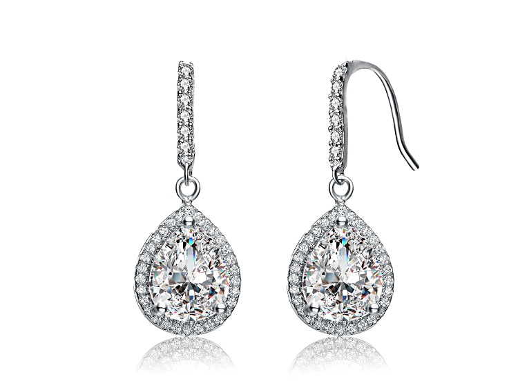 Clear Cubic Zirconia, Rhodium Plated over Brass Raindrop Pear Halo Dangle Earrings