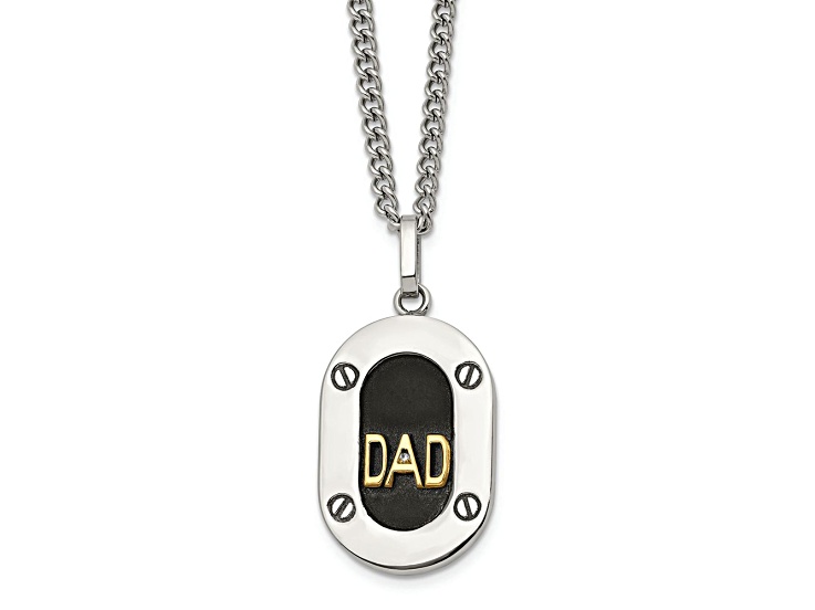 Stainless Steel With 14K Gold Accent 1pt Diamond DAD Black Enamel 24 Inch Necklace