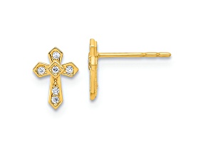 14K Yellow Gold Polished Cross Stud Earrings with Cubic Zirconia