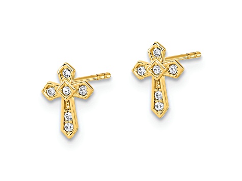 14K Yellow Gold Polished Cross Stud Earrings with Cubic Zirconia