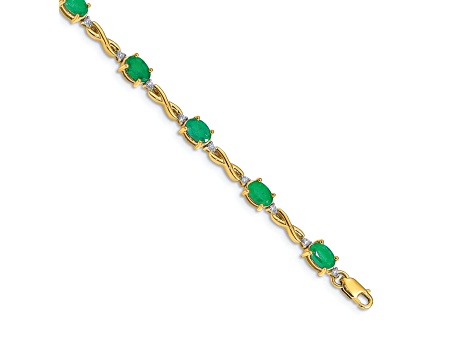 14k Yellow Gold and Rhodium Over 14k Yellow Gold Diamond and Emerald Bracelet