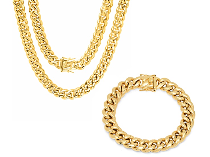 Men's 18K Yellow Gold Over Stainless Steel Miami Cuban Link Bracelet and Chain Set