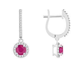 5mm Round Ruby 1/4 ctw Diamond Rhodium Over Sterling Silver Halo Dangle Earrings