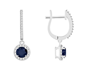5mm Round Sapphire 1/4 ctw Diamond Rhodium Over Sterling Silver Halo Dangle Earrings
