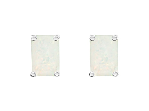 6x4mm Emerald Cut Opal 14k White Gold Stud Earrings