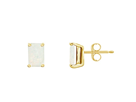 6x4mm Emerald Cut Opal 14k Yellow Gold Stud Earrings