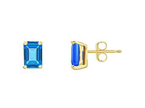 6x4mm Emerald Cut Blue Topaz 14k Yellow Gold Stud Earrings