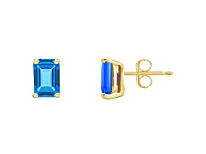 6x4mm Emerald Cut Blue Topaz 14k Yellow Gold Stud Earrings