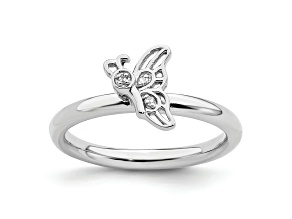 Rhodium Over Sterling Silver Stackable Expressions Butterfly with Diamond Ring 0.015ctw