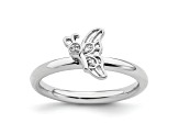 Rhodium Over Sterling Silver Stackable Expressions Butterfly with Diamond Ring 0.015ctw