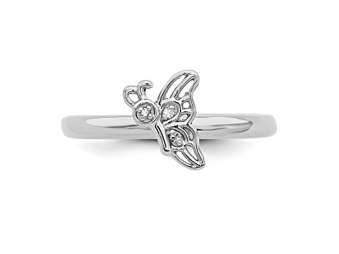 Rhodium Over Sterling Silver Stackable Expressions Butterfly with Diamond Ring 0.015ctw