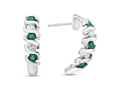 0.76ctw Emerald and Diamond J-Hoop Earrings in 14k White Gold