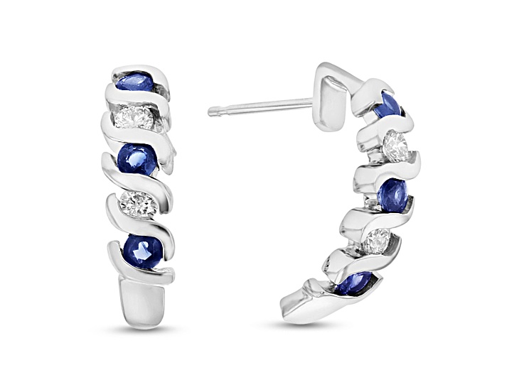 0.76ctw Sapphire and Diamond J-Hoop Earrings in 14k White Gold