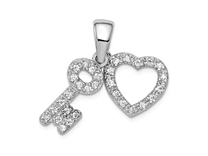 Rhodium Over Sterling Silver Cubic Zirconia Heart and Key Fancy Pendant