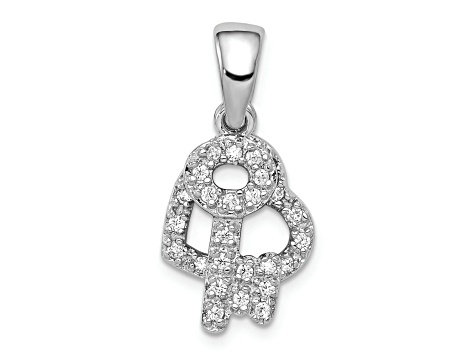 Rhodium Over Sterling Silver Cubic Zirconia Heart and Key Fancy Pendant