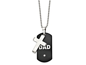 White Cubic Zirconia Stainless Steel Black IP-plated Men's Dog Tag Cross Pendant With Chain
