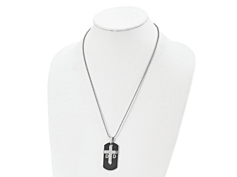 White Cubic Zirconia Stainless Steel Black IP-plated Men's Dog Tag Cross Pendant With Chain
